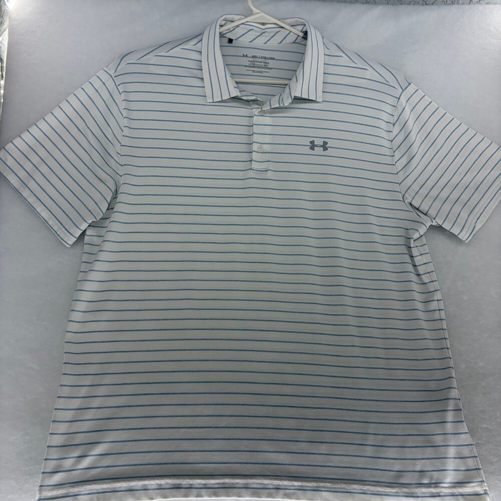 Under Armour Playoff Polo XXL White Blue Stripe Golf HeatGear Mens Shirt